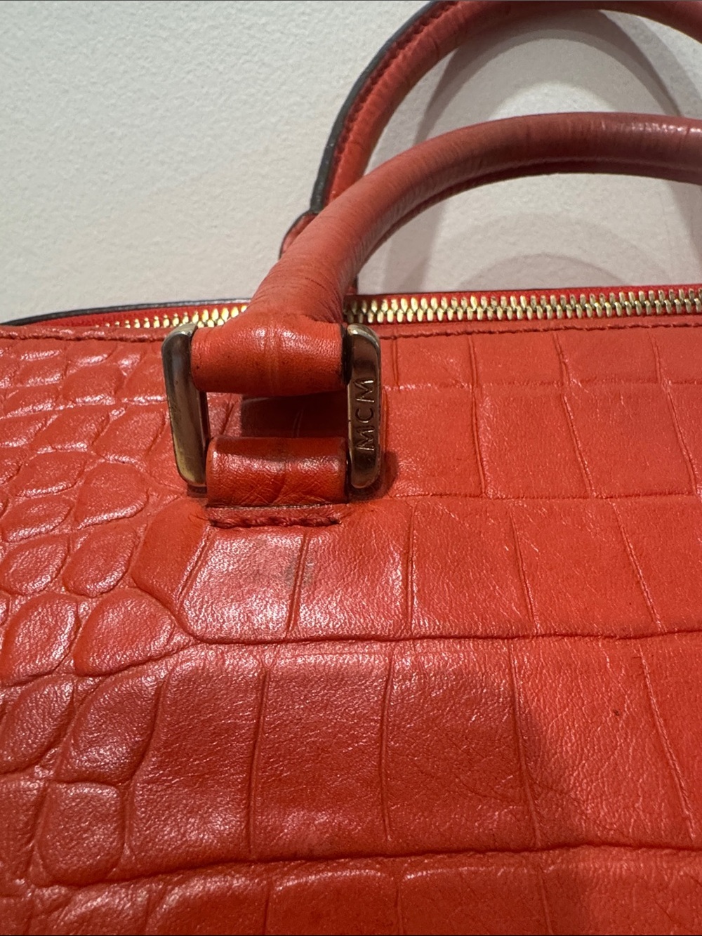 MCM Red Croc-Embossed Leather Satchel Bag - Picture 5 of 6